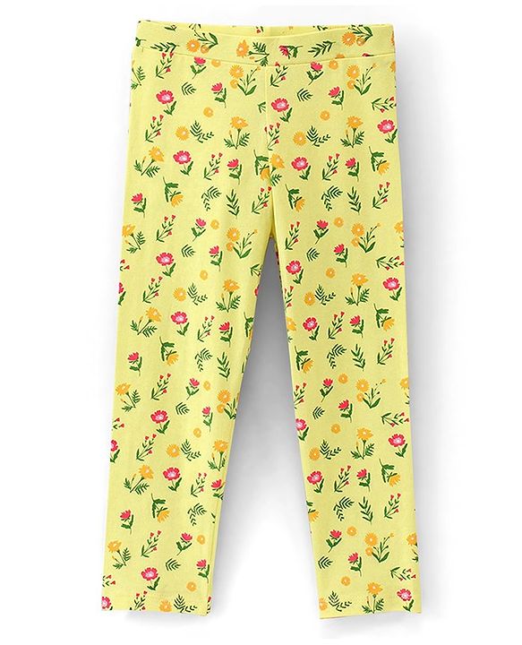 Pine Kids Ankle Length Biowashed Cotton Stretchable Leggings Solid & Floral Print Pack Of 2 - Yellow Peach