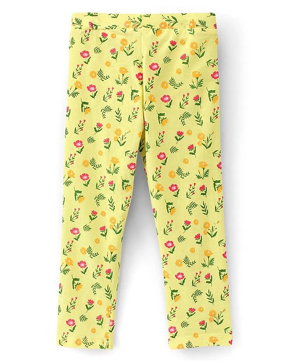 Pine Kids Ankle Length Biowashed Cotton Stretchable Leggings Solid & Floral Print Pack Of 2 - Yellow Peach