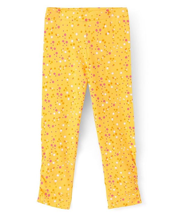 Pine Kids Knit Three Fourth Biowashed Stretchable Leggings Solid & Polka Dot Print Pack of 2 - Yellow Pink