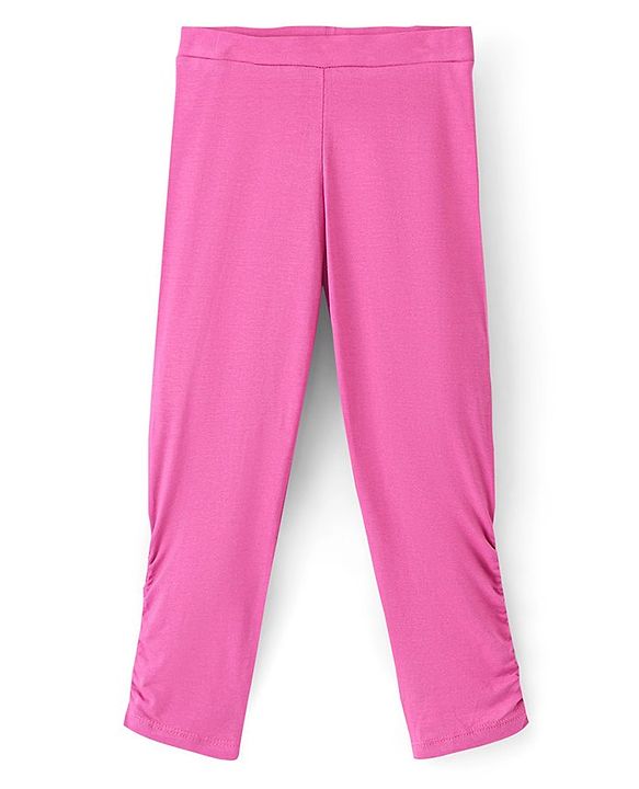 Pine Kids Knit Three Fourth Biowashed Stretchable Leggings Solid & Polka Dot Print Pack of 2 - Yellow Pink