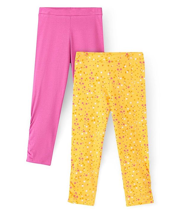 Pine Kids Knit Three Fourth Biowashed Stretchable Leggings Solid & Polka Dot Print Pack of 2 - Yellow Pink