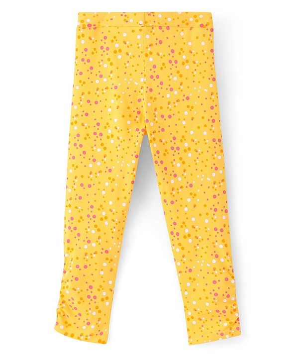 Pine Kids Knit Three Fourth Biowashed Stretchable Leggings Solid & Polka Dot Print Pack of 2 - Yellow Pink