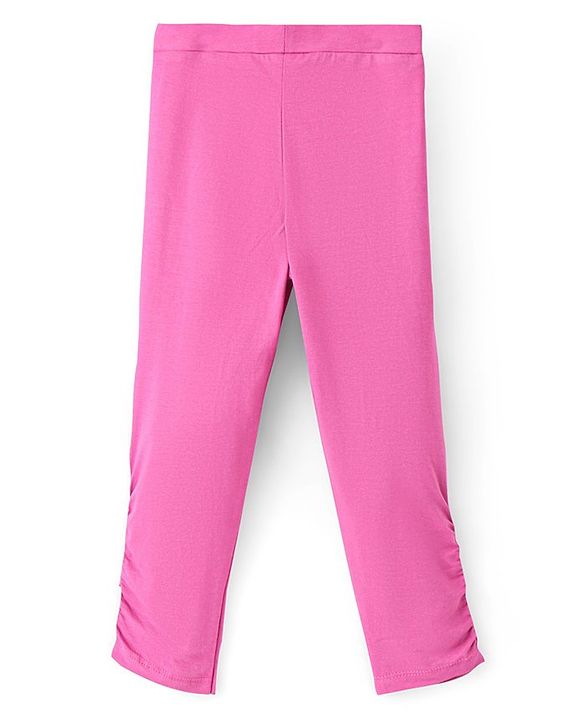 Pine Kids Knit Three Fourth Biowashed Stretchable Leggings Solid & Polka Dot Print Pack of 2 - Yellow Pink