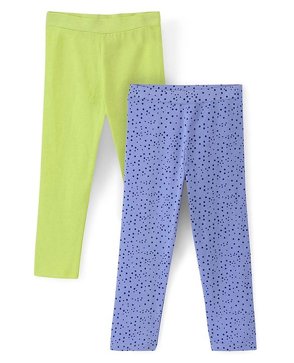 Pine Kids Knit Three Fourth Biowashed Stretchable Leggings Polka Dot Print And Solid Pack of 2- Green Blue