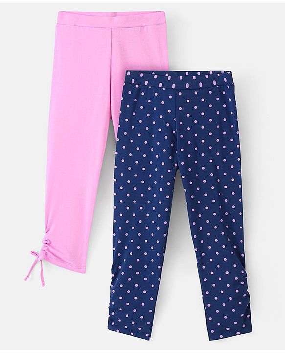 Pine Kids Knit Three Fourth Biowashed Stretchable Leggings Polka Dot Print And Solid Pack of 2- Purple Blue