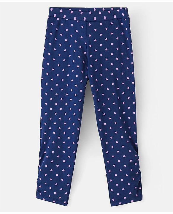 Pine Kids Knit Three Fourth Biowashed Stretchable Leggings Polka Dot Print And Solid Pack of 2- Purple Blue