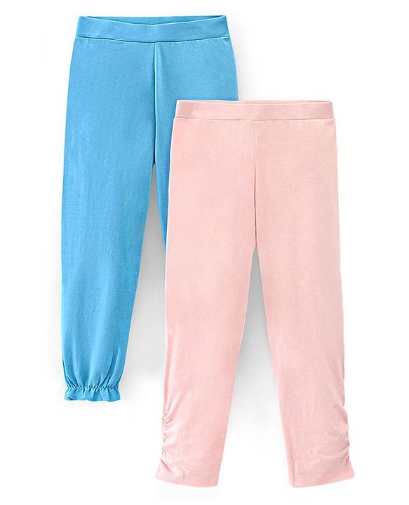 Pine Kids Knitted Three Fourth Length Solid Color Leggings Pack Of 2 - Blue Pink