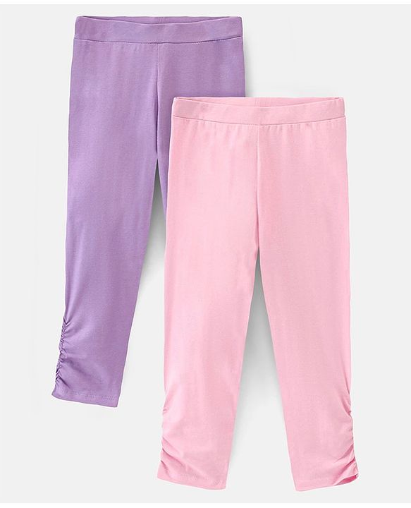 Pine Kids Three Fourth Length Biowashed Cotton Stretchable Solid Leggings Pack Of 2 - Violet Pink