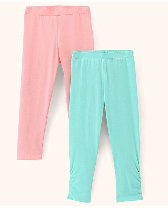 Pine Kids Three Fourth Length Biowashed Cotton Stretchable Leggings Solid & Leaf Print Pack Of 2 - Pink Green