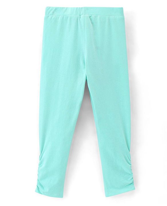 Pine Kids Three Fourth Length Biowashed Cotton Stretchable Leggings Solid & Leaf Print Pack Of 2 - Pink Green