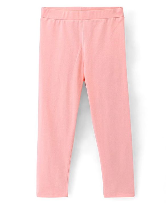 Pine Kids Three Fourth Length Biowashed Cotton Stretchable Leggings Solid & Leaf Print Pack Of 2 - Pink Green