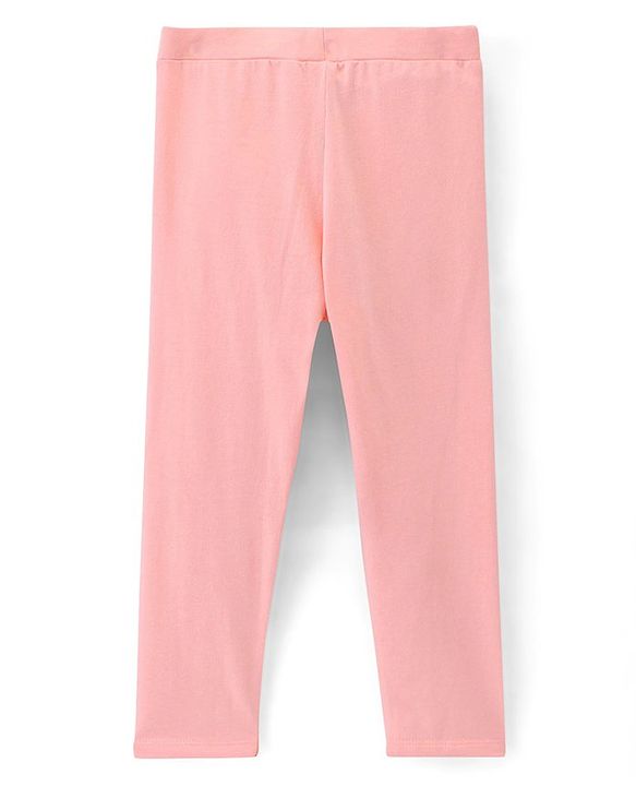 Pine Kids Three Fourth Length Biowashed Cotton Stretchable Leggings Solid & Leaf Print Pack Of 2 - Pink Green