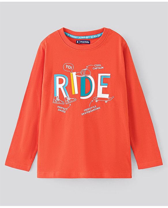 Pine Kids Full Sleeves Biowashed T-Shirt Text Print - Red