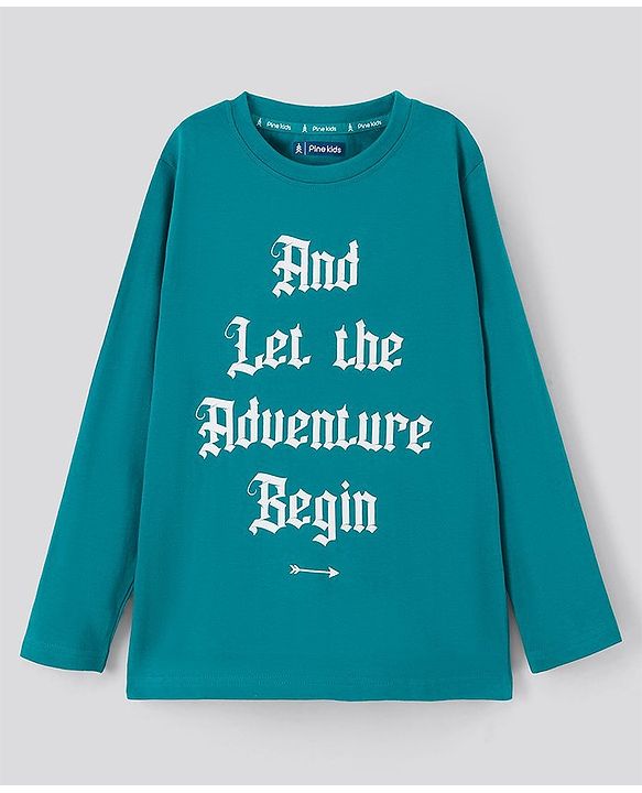 Pine Kids Full Sleeves Biowashed T-Shirt Text Print - Blue
