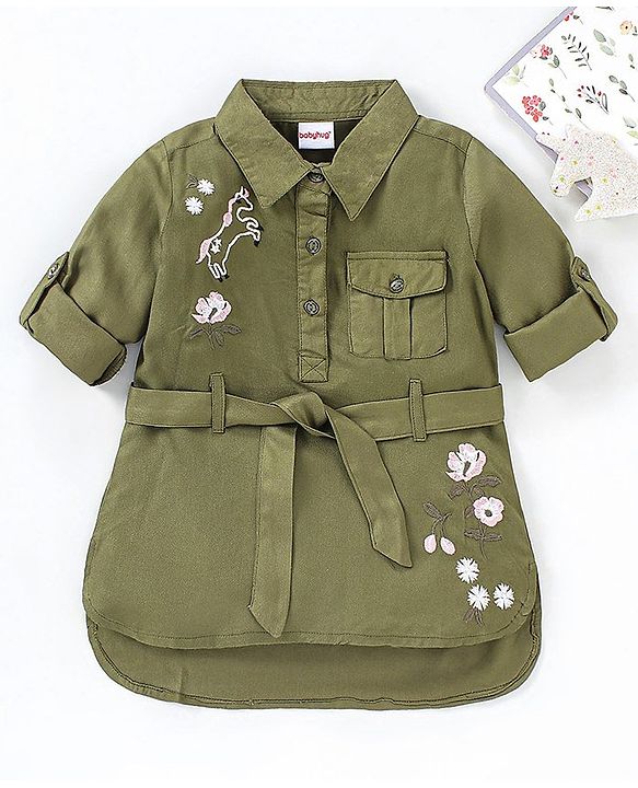 Babyhug 100% Full Sleeves 100% Rayon Twill Shirt Dress With Embroidery & Belt - Olive