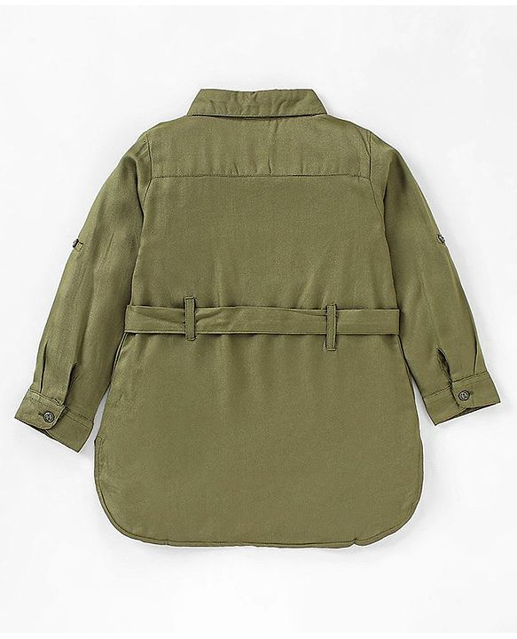 Babyhug 100% Full Sleeves 100% Rayon Twill Shirt Dress With Embroidery & Belt - Olive