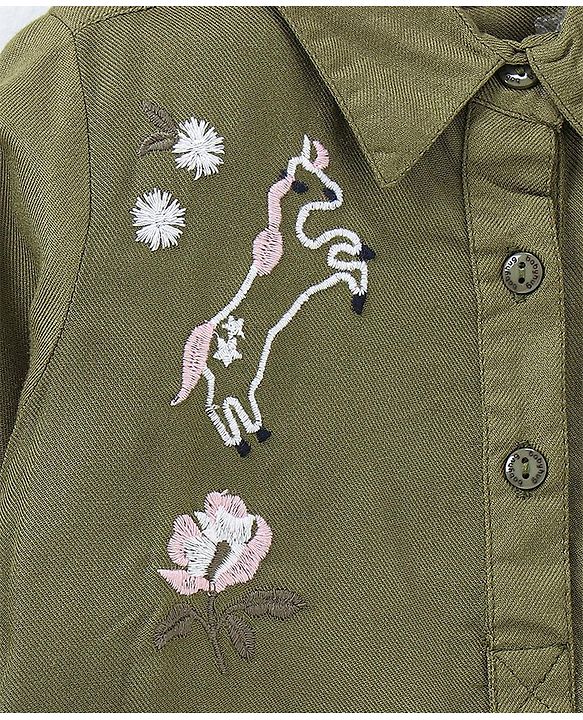 Babyhug 100% Full Sleeves 100% Rayon Twill Shirt Dress With Embroidery & Belt - Olive