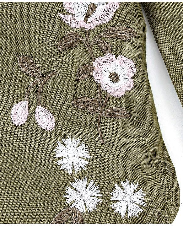 Babyhug 100% Full Sleeves 100% Rayon Twill Shirt Dress With Embroidery & Belt - Olive