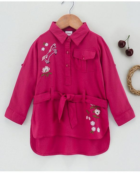 Babyhug Full Sleeves Embroideried Frock - Fuschia