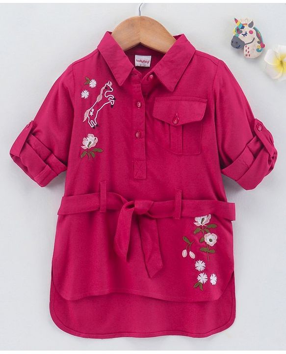 Babyhug Full Sleeves Embroideried Frock - Fuschia