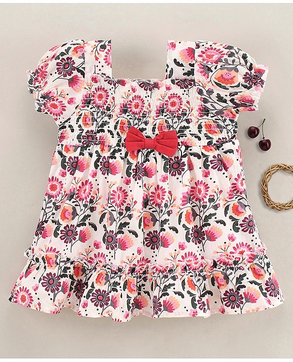 Babyhug Cotton Knit Puff Sleeves Frock Dress with Bow Applique Floral Print - White