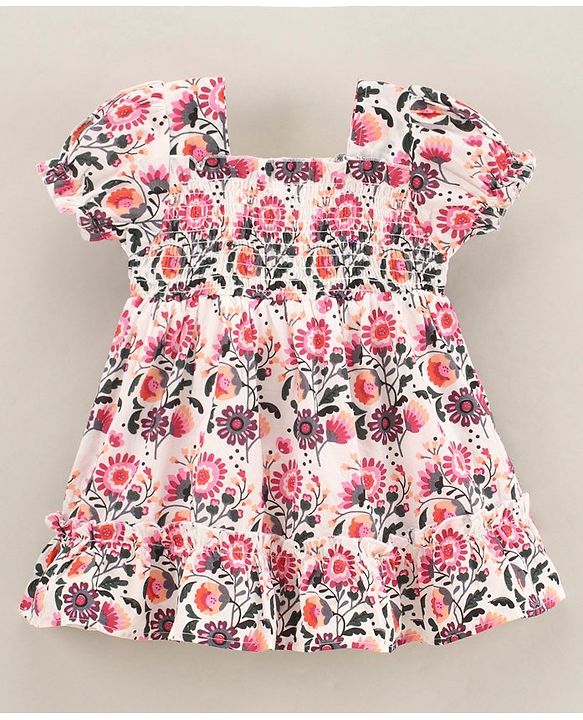 Babyhug Cotton Knit Puff Sleeves Frock Dress with Bow Applique Floral Print - White