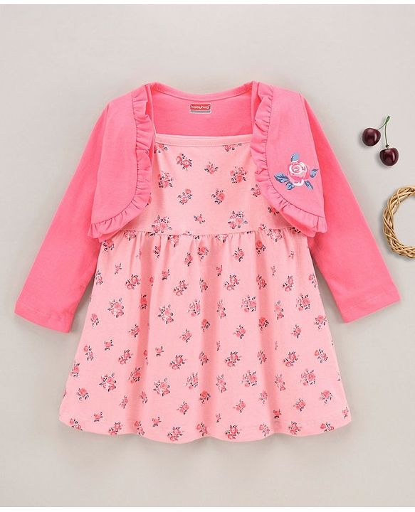 Babyhug Cotton Knit Sleeveless Frock Dress with Shrug Floral Print - Pink