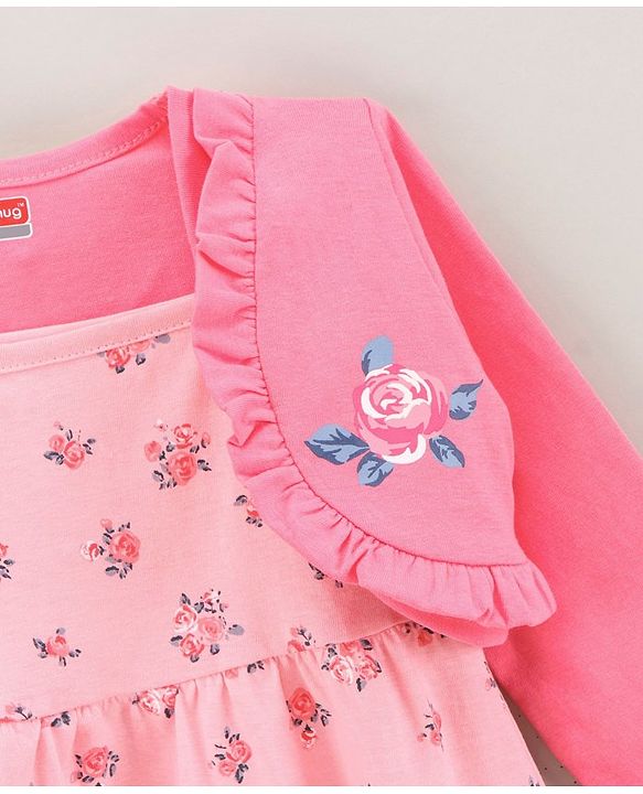 Babyhug Cotton Knit Sleeveless Frock Dress with Shrug Floral Print - Pink