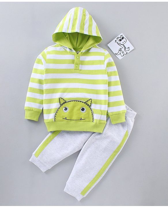 Babyhug Full Sleeves Hooded Striped T-Shirt & Joggers Set - Green White