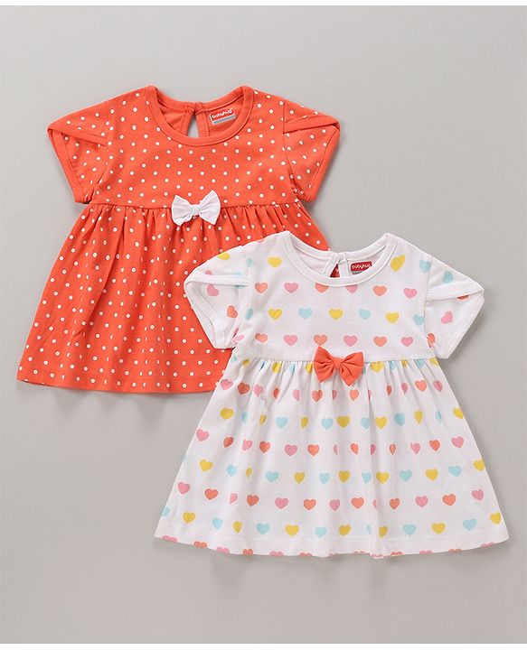 Babyhug 100% Cotton Knit Half Sleeves Frocks Polka Dots & Heart Print Pack of 2 - Coral &  White