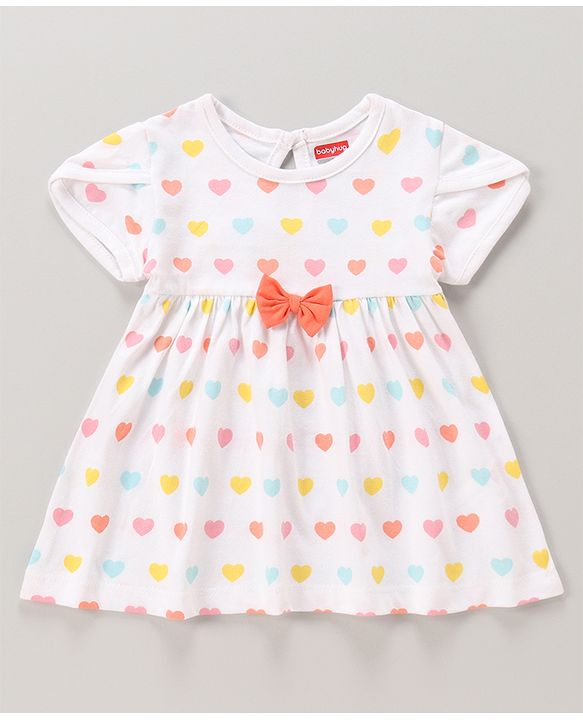 Babyhug 100% Cotton Knit Half Sleeves Frocks Polka Dots & Heart Print Pack of 2 - Coral &  White