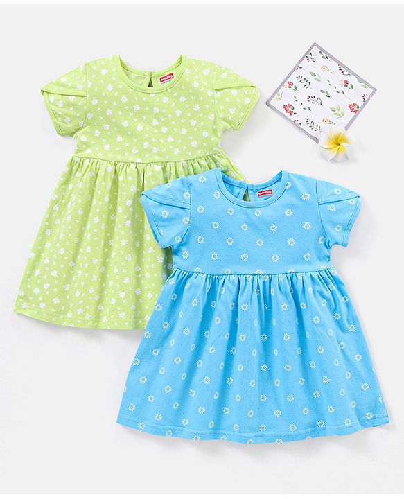 Babyhug 100% Cotton Half Sleeves Frocks Floral Print Pack of 2 - Green Blue
