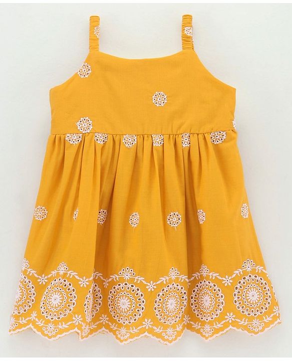 Babyhug Singlet Sleeves 100% Cotton Frock Floral Embroidered - Mustard