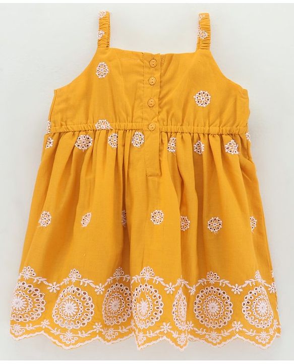Babyhug Singlet Sleeves 100% Cotton Frock Floral Embroidered - Mustard