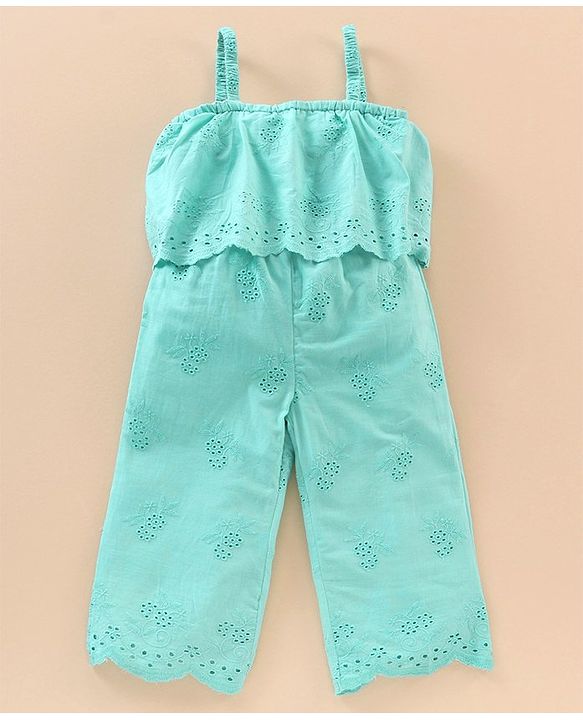 Babyhug 100% Cotton Singlet Sleeves Schiffli Solid Color Jumpsuit - Mint