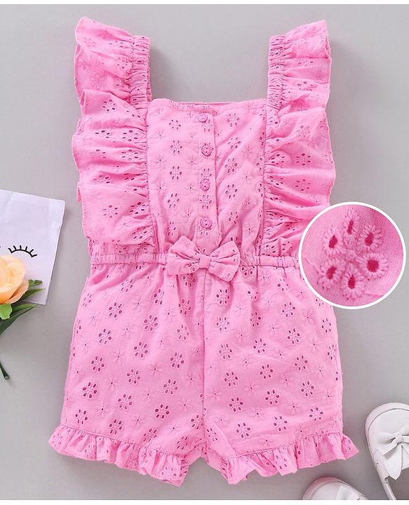 Babyhug 100% Cotton Sleeveless Solid Color Embroidered Jumpsuit With Bow Applique - Pink