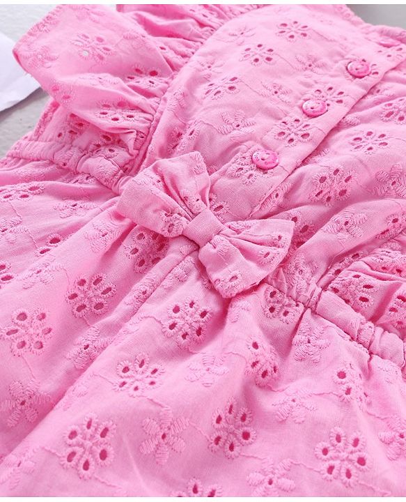 Babyhug 100% Cotton Sleeveless Solid Color Embroidered Jumpsuit With Bow Applique - Pink