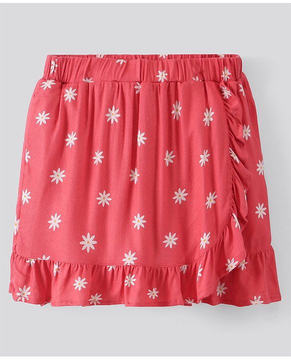 Pine Kids Printed Soft Rayon Skirt with Frills Knee Length - Rose Quartz