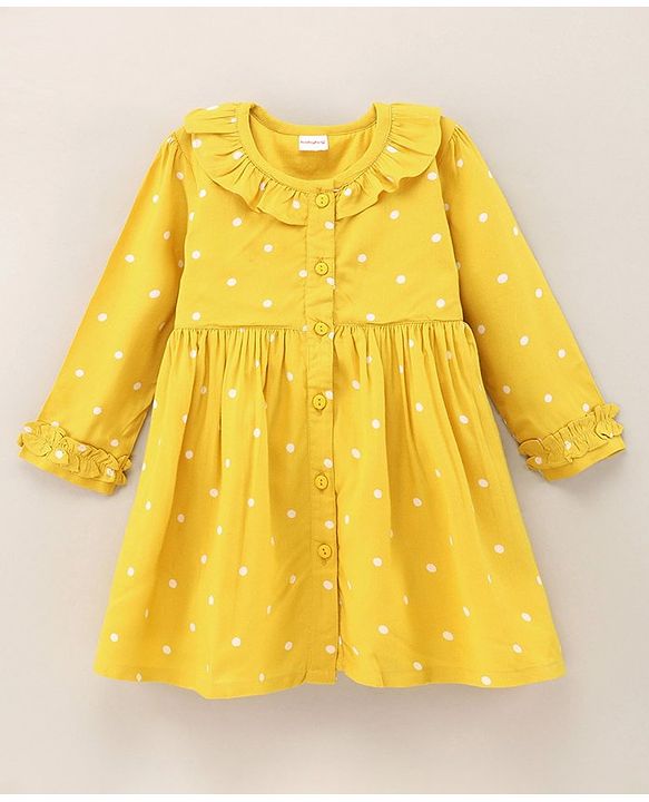 Babyhug Rayon Woven Full Sleeves Polka Dots Frock - Mustard