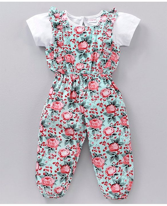Babyhug Rayon Sleeveless Jumpsuit with Half Sleeves Inner Tee Floral Print - Light Green White
