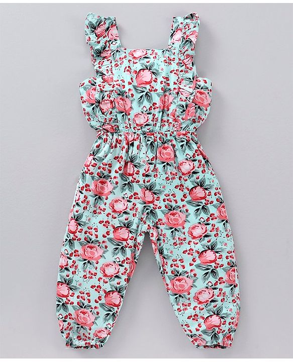 Babyhug Rayon Sleeveless Jumpsuit with Half Sleeves Inner Tee Floral Print - Light Green White
