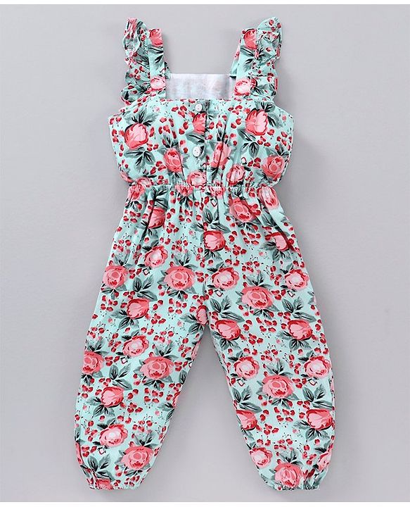 Babyhug Rayon Sleeveless Jumpsuit with Half Sleeves Inner Tee Floral Print - Light Green White