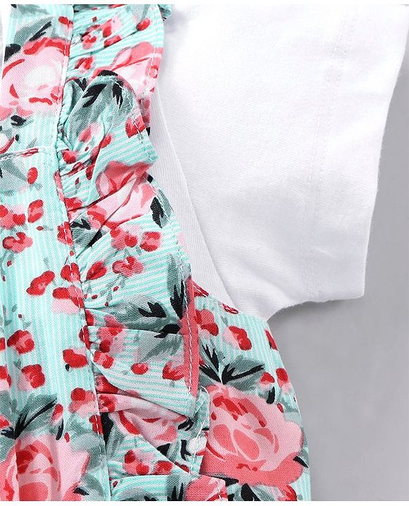 Babyhug Rayon Sleeveless Jumpsuit with Half Sleeves Inner Tee Floral Print - Light Green White