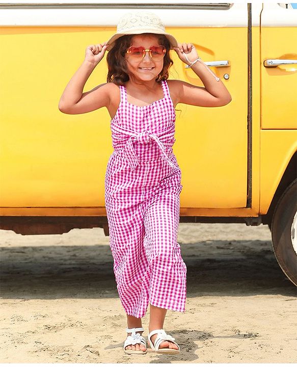 Babyhug Cotton Sleeveless Checks Jumpsuit- Pink