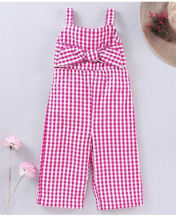 Babyhug Cotton Sleeveless Checks Jumpsuit- Pink