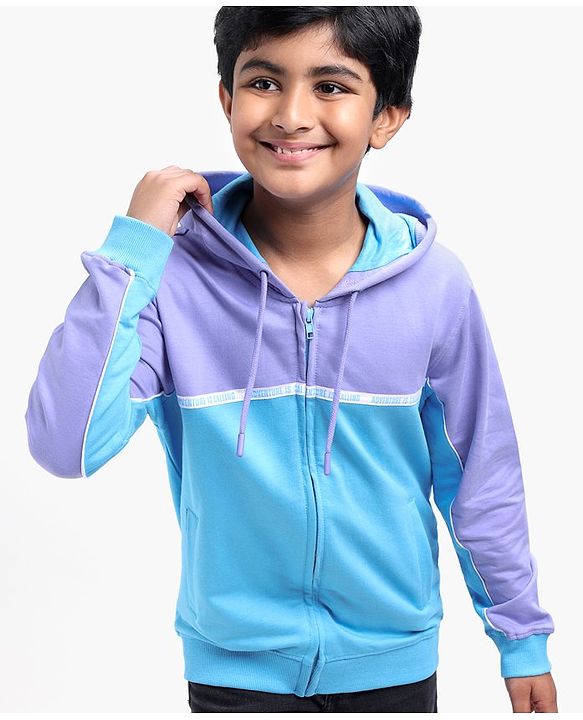 Pine Kids Full Sleeves Biowashed Hooded Sweatshirt Text Print - Blue Purple