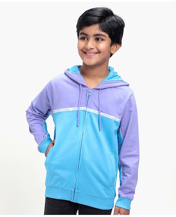 Pine Kids Full Sleeves Biowashed Hooded Sweatshirt Text Print - Blue Purple