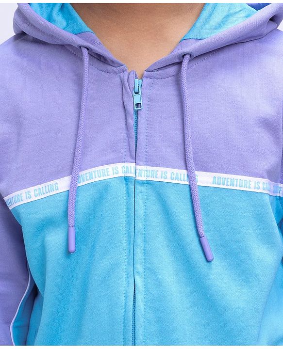 Pine Kids Full Sleeves Biowashed Hooded Sweatshirt Text Print - Blue Purple