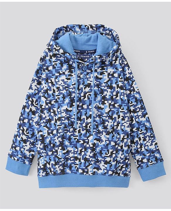 Pine Kids Full Sleeves Biowashed Hooded Printed Sweatshirt - Blue
