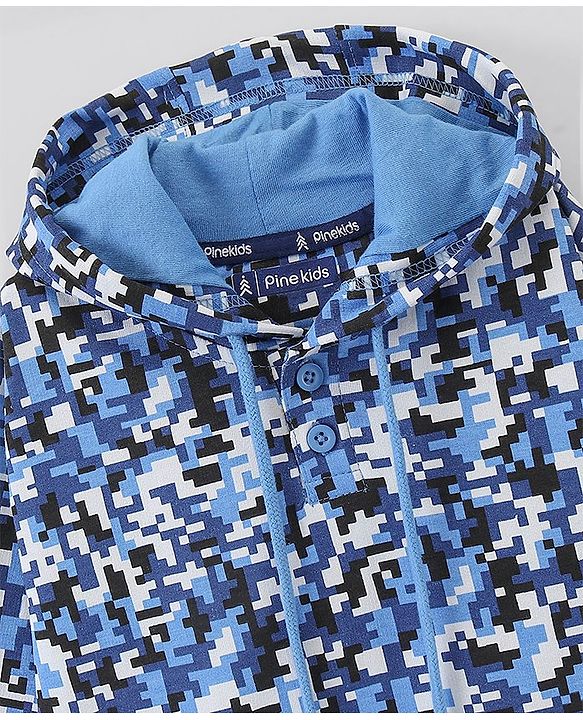 Pine Kids Full Sleeves Biowashed Hooded Printed Sweatshirt - Blue